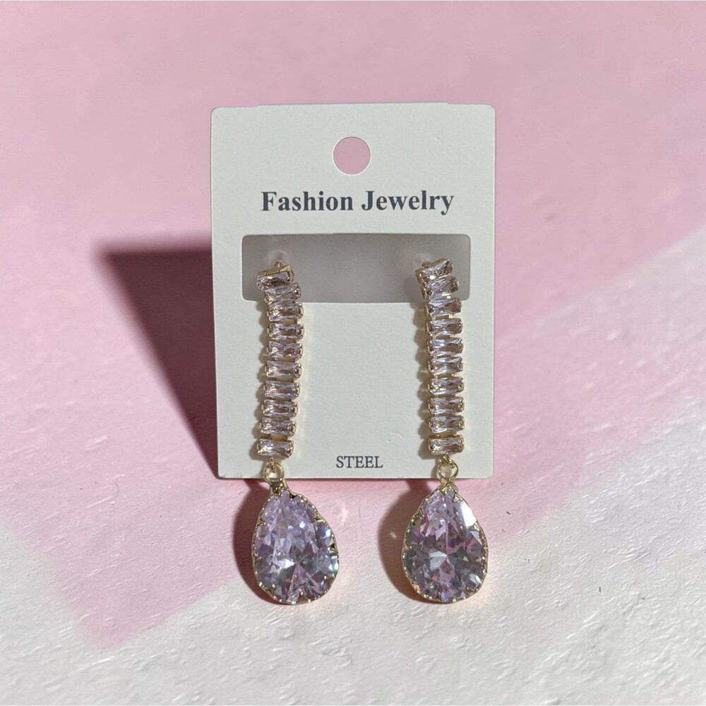 Lavender Purple Crystal Teardrop Dangle Earrings Gold Tone Baguette Rhinestone